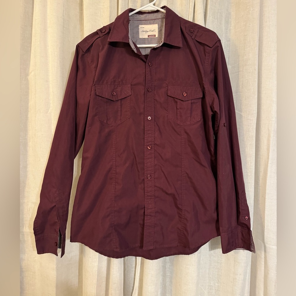 Maroon men’s long sleeve button up with shoulder details size medium